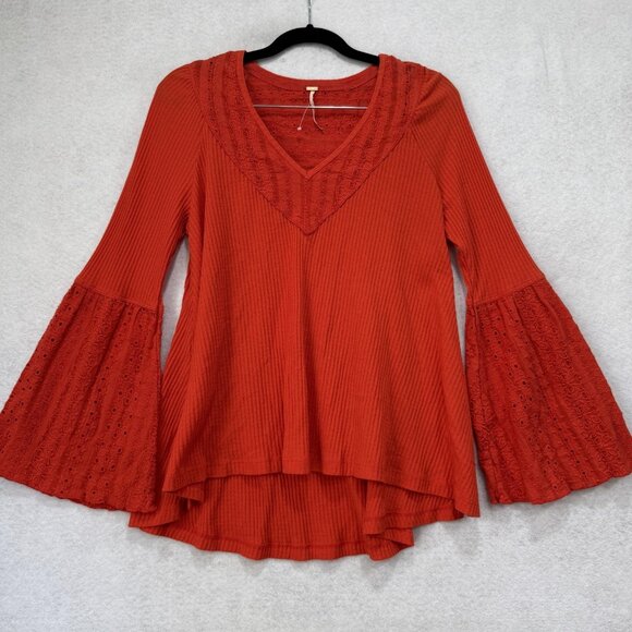 Free People Shirt Womens XS Rust Orange Boho Thermal Bell Sleeve Eyelet V-Neck - Picture 1 of 8